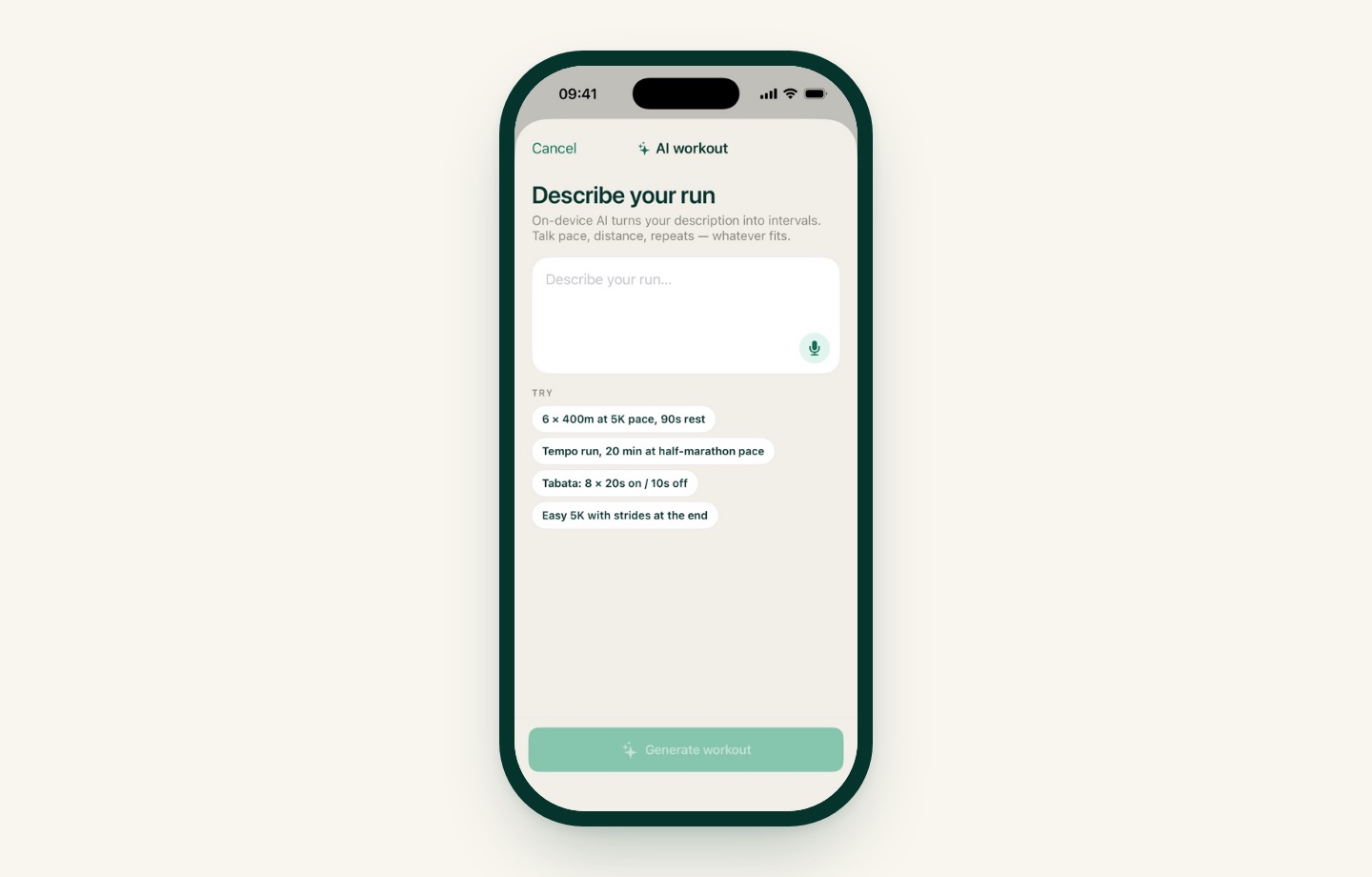 The AI workout screen in iRunning: a text field that says Describe your run, a microphone button, four example chips such as 6 × 400m at 5K pace, 90s rest, and a Generate workout button