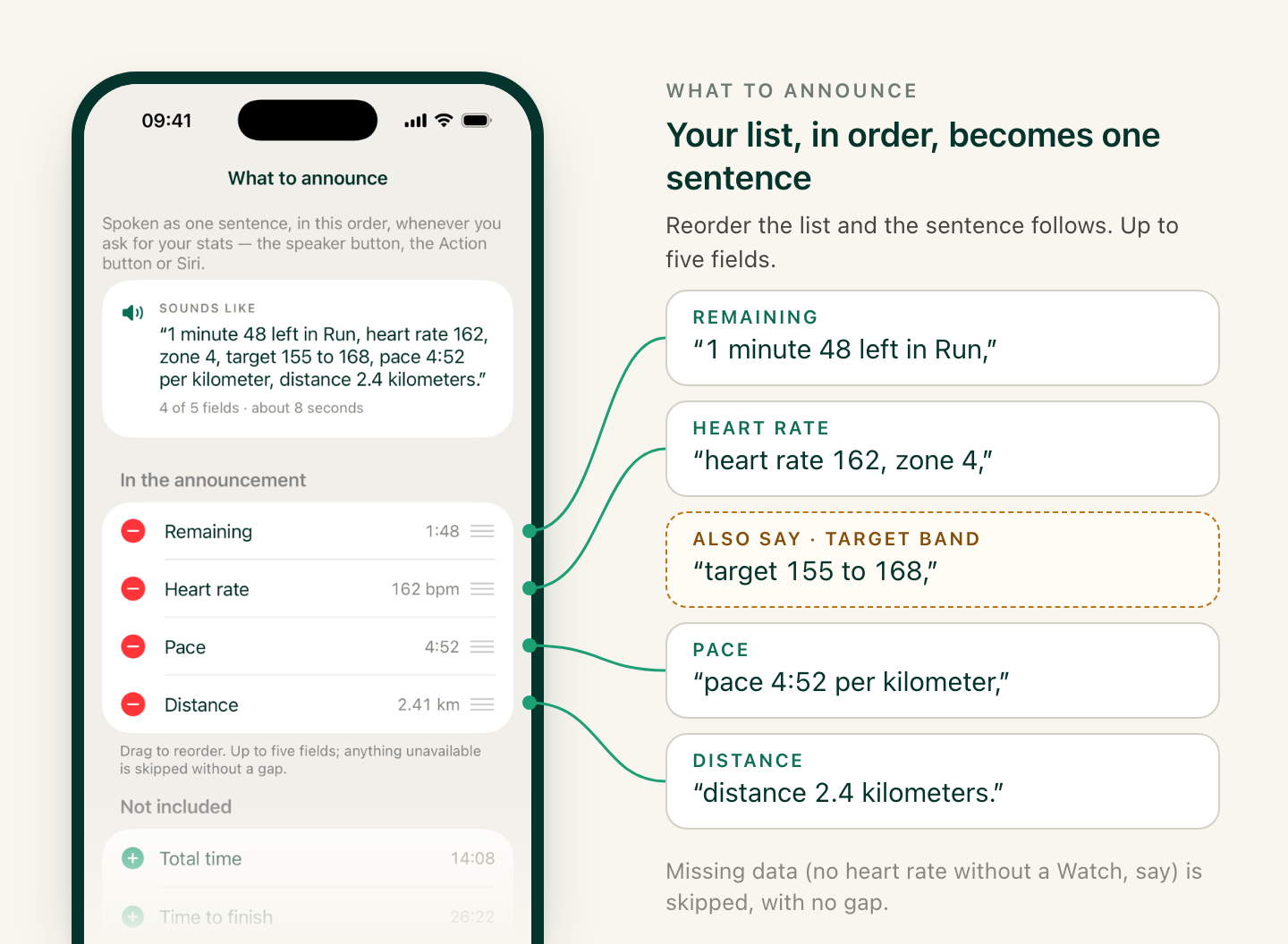 The What to announce screen in iRunning, with each field in the list linked to its part of the spoken sentence: Remaining, Heart rate, Target band, Pace, Distance