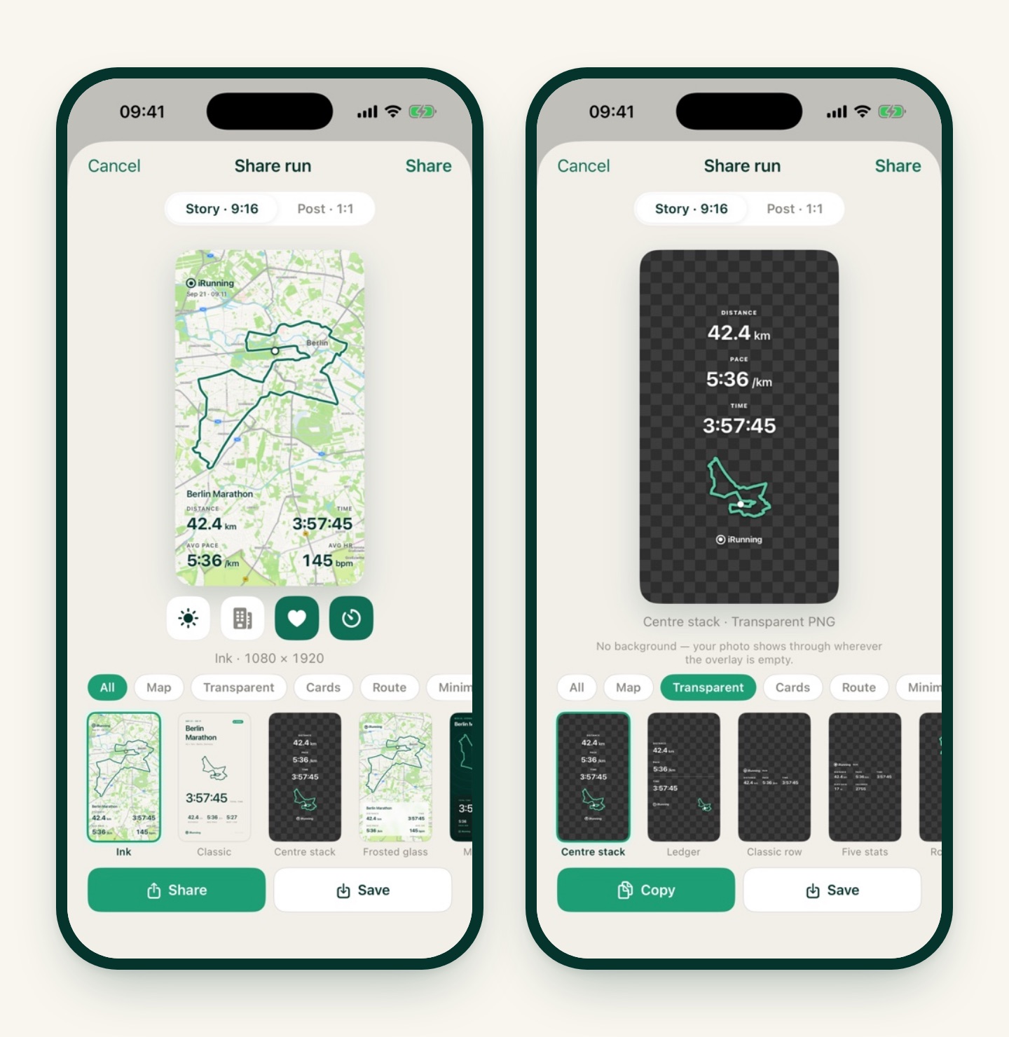 Two iRunning share screens: an Ink map card of the Berlin Marathon with 42.4 km, 3:57:45, 5:36 per km and 145 bpm, and the transparent Centre stack overlay