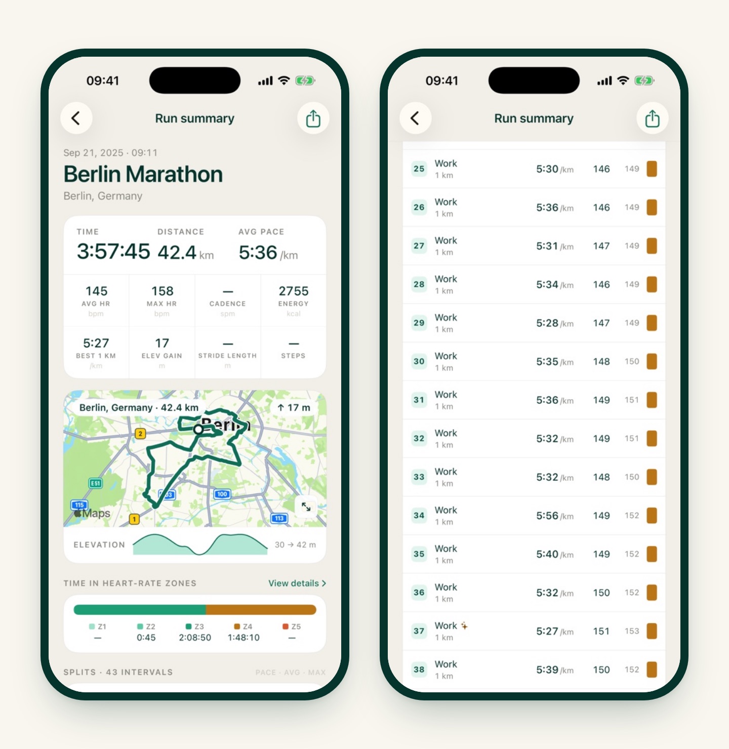 Two iRunning screens: the summary of an example Berlin Marathon run, 3:57:45 for 42.4 km, and its per-kilometre splits from km 25 to 38