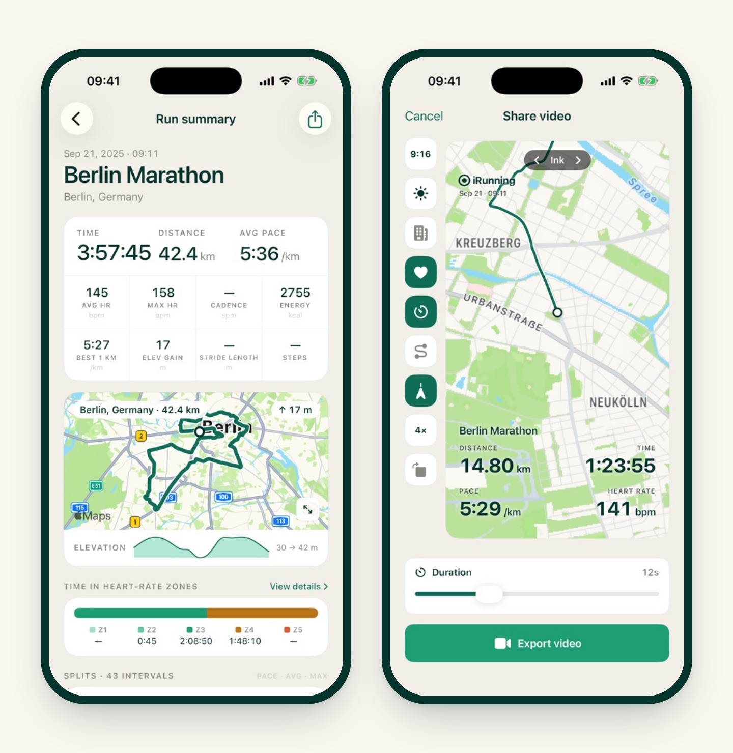 Two iRunning screens: the summary of an imported Berlin Marathon, 3:57:45 for 42.4 km with a route map and elevation, and the video editor replaying the route through Kreuzberg