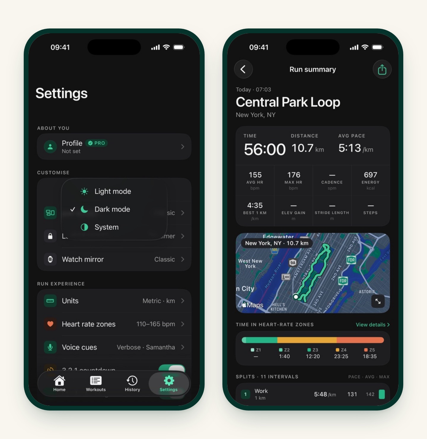 Two iRunning screens in dark mode: the Appearance menu in Settings with Light mode, Dark mode and System, and a run summary with a dark map