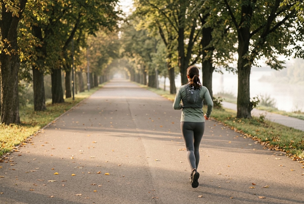 A runner seen from behind on a long, tree-lined riverside path in early autumn light