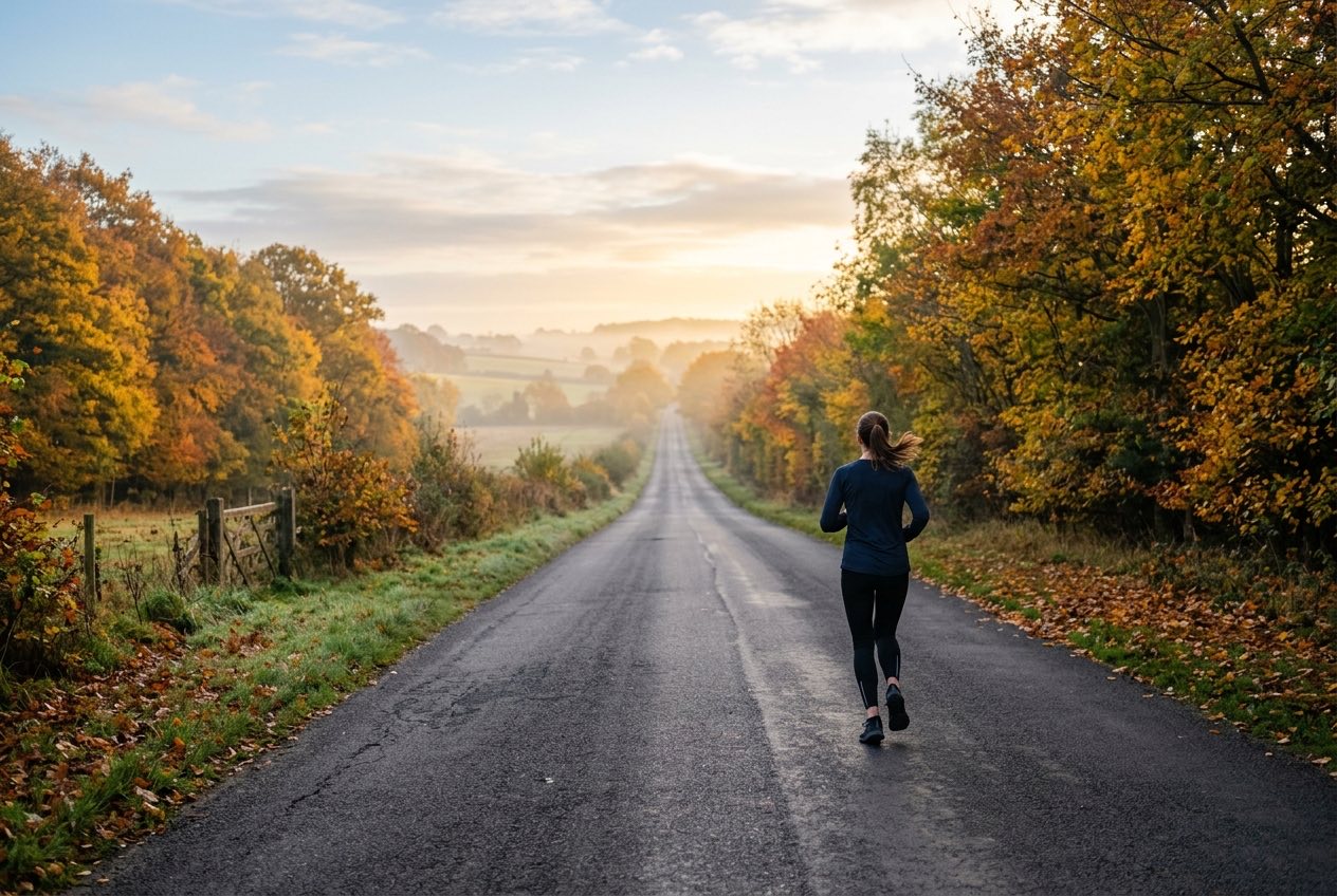 A runner on a long, quiet road in the early morning
