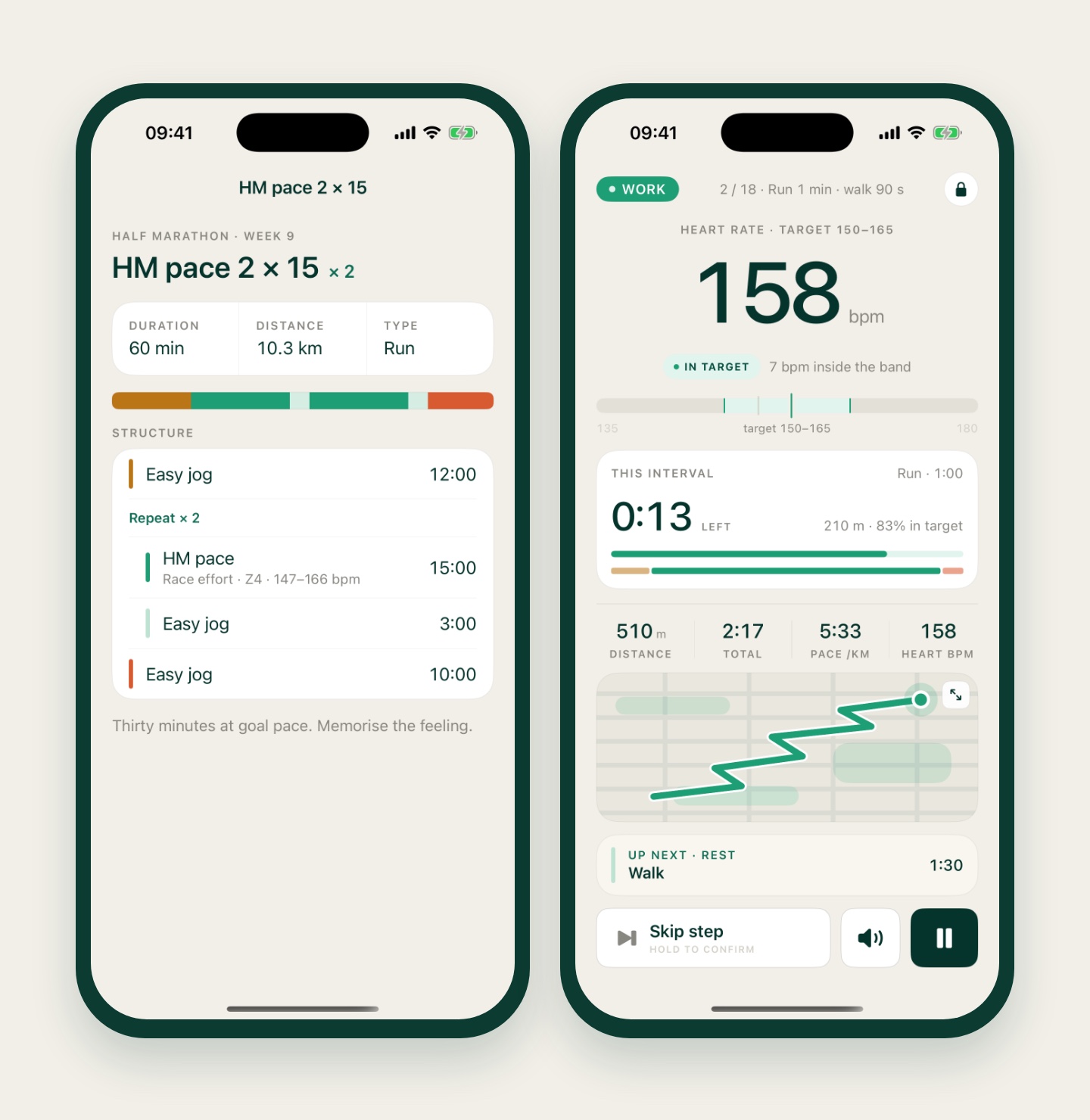 Two iRunning screens: a week 9 session preview with two 15-minute blocks at half-marathon pace, and a run screen with a heart-rate target band