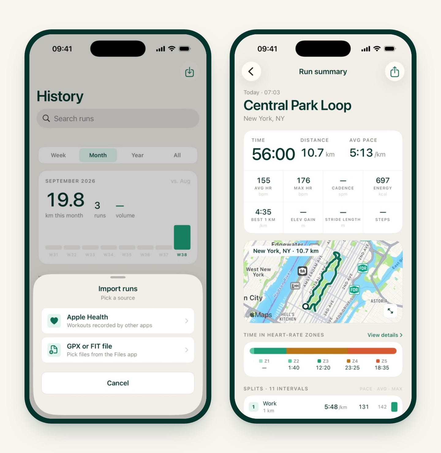 Two iRunning screens: the Import runs sheet with Apple Health and GPX or FIT file as sources, and the run summary of an imported Central Park loop with time, distance, pace, heart rate and a route map