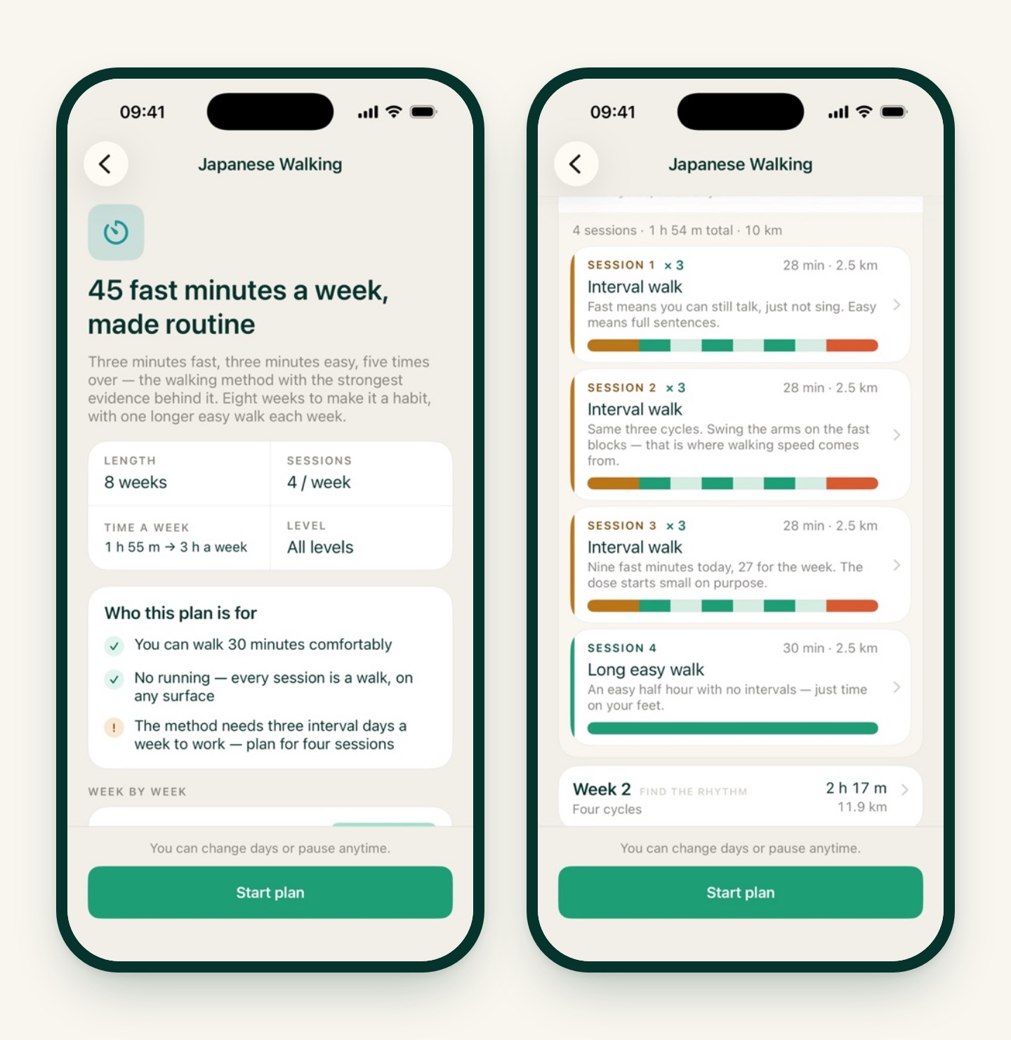 Two iRunning screens: the Japanese Walking plan overview showing 8 weeks, 4 sessions a week, and who the plan is for, and week 1 with three interval walks and one long easy walk