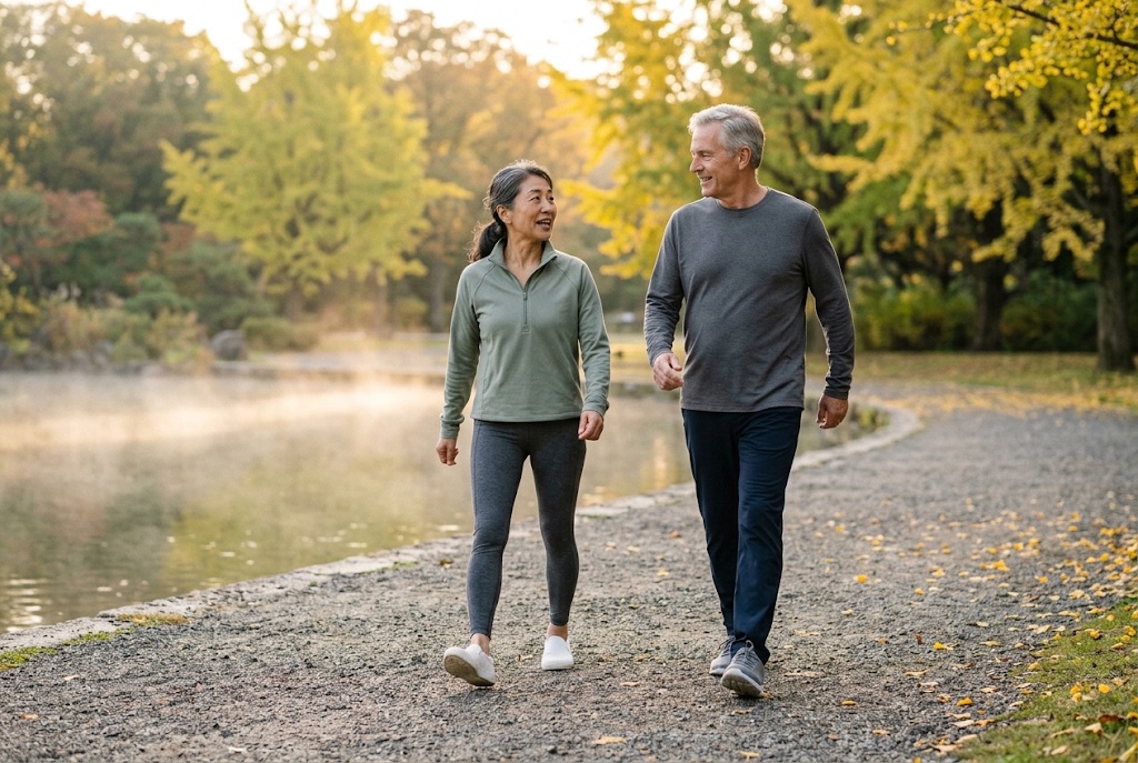 A woman and a man in their late fifties walking briskly side by side towards the camera along a gravel path beside a misty pond on an autumn morning, chatting