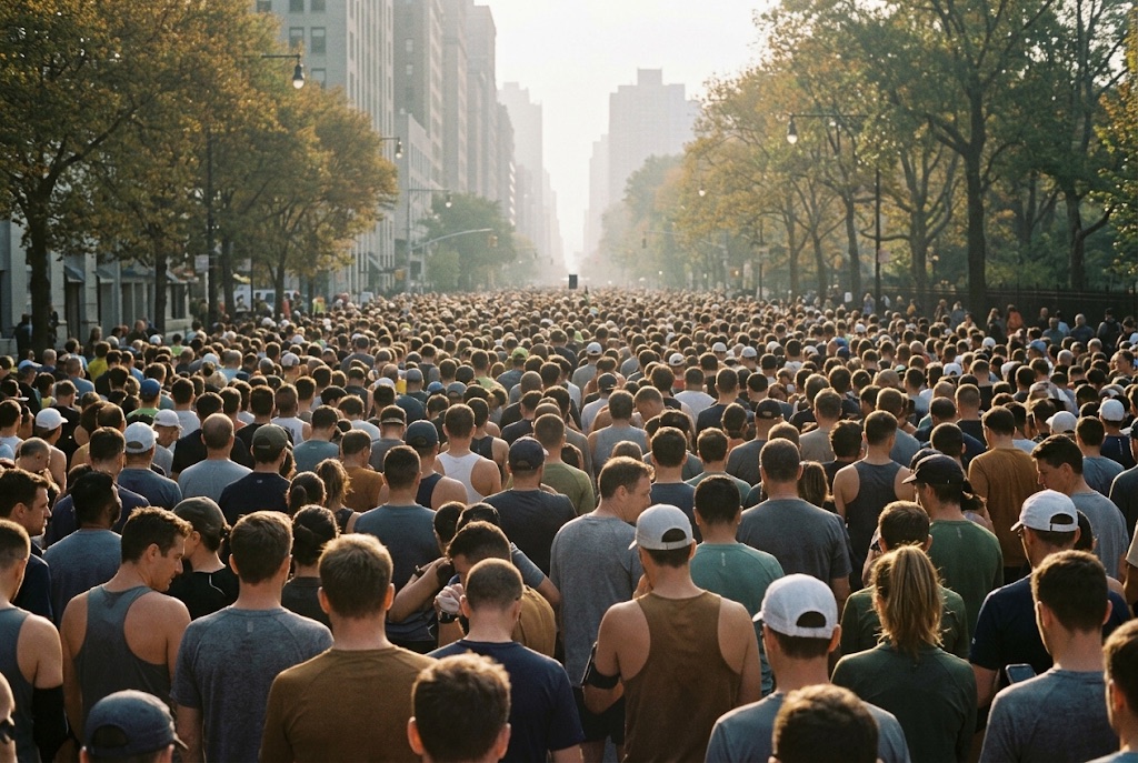 A dense field of runners waiting in the start corrals of a big-city marathon on a hazy autumn morning, seen from behind