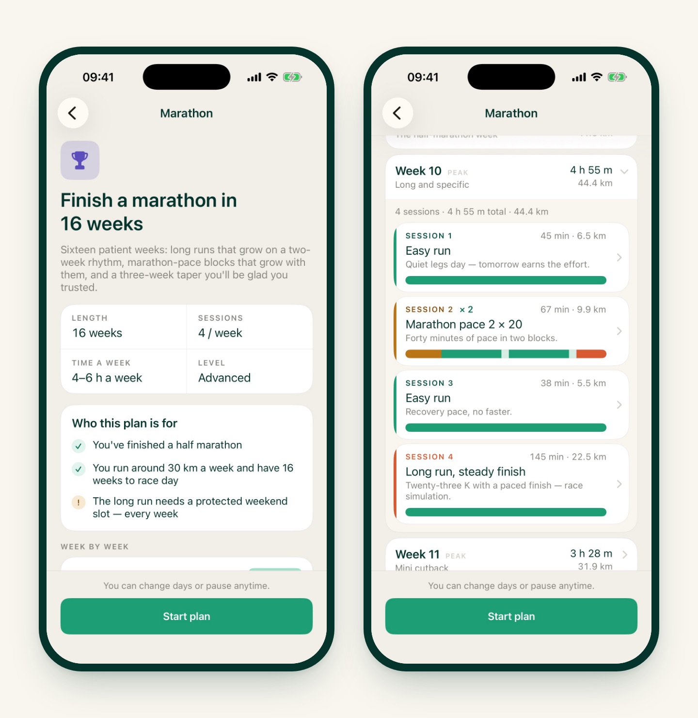 Two iRunning screens: the Marathon plan overview with 16 weeks, 4 sessions a week and who the plan is for, and week 10 with an easy run, a 2 × 20 minute marathon-pace session, another easy run and a 145-minute long run with a steady finish