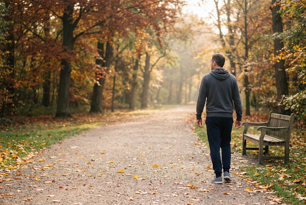 A person walking slowly through a park in autumn light