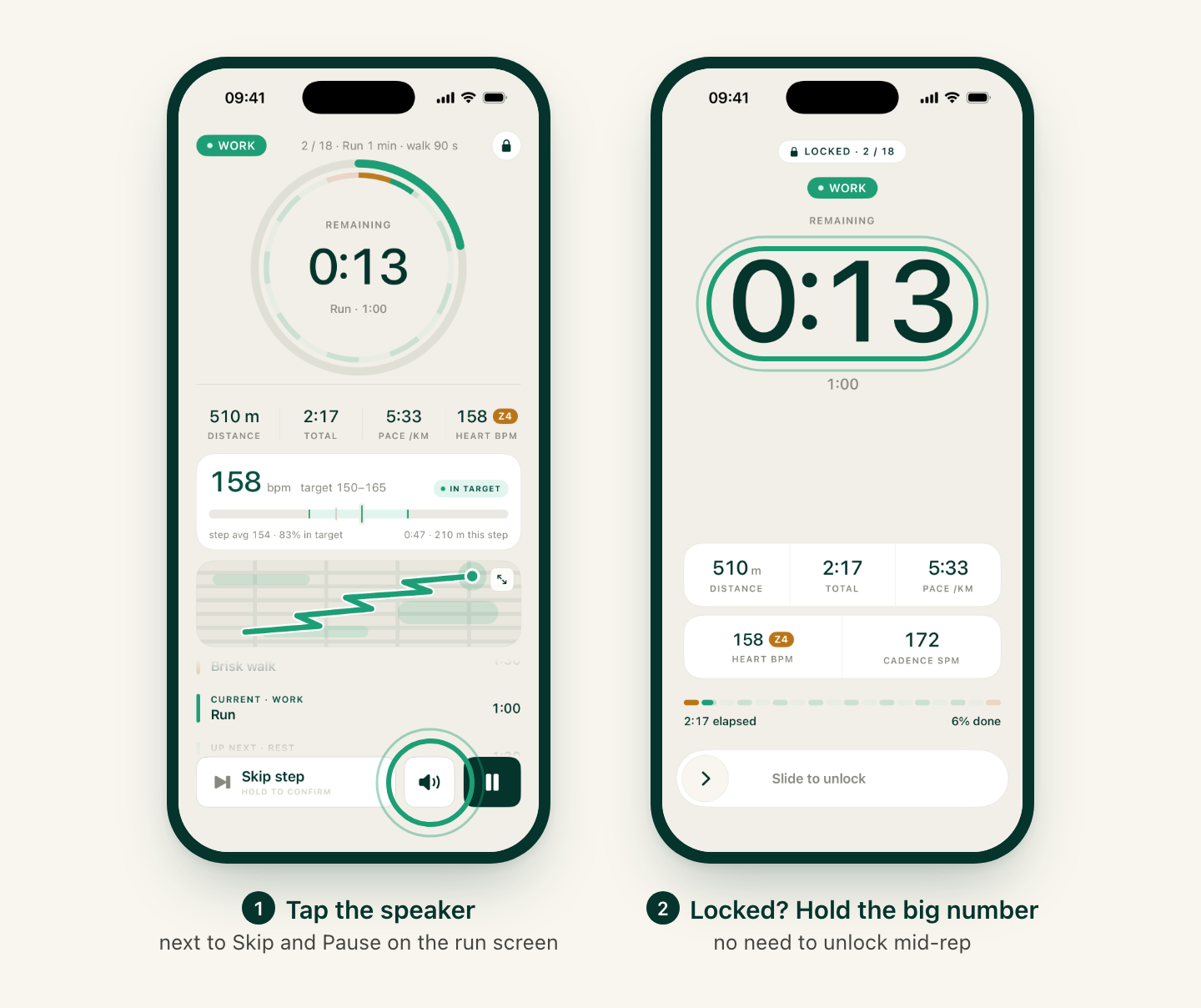 The iRunning run screen with the speaker button highlighted, and the locked run screen with the big countdown number highlighted