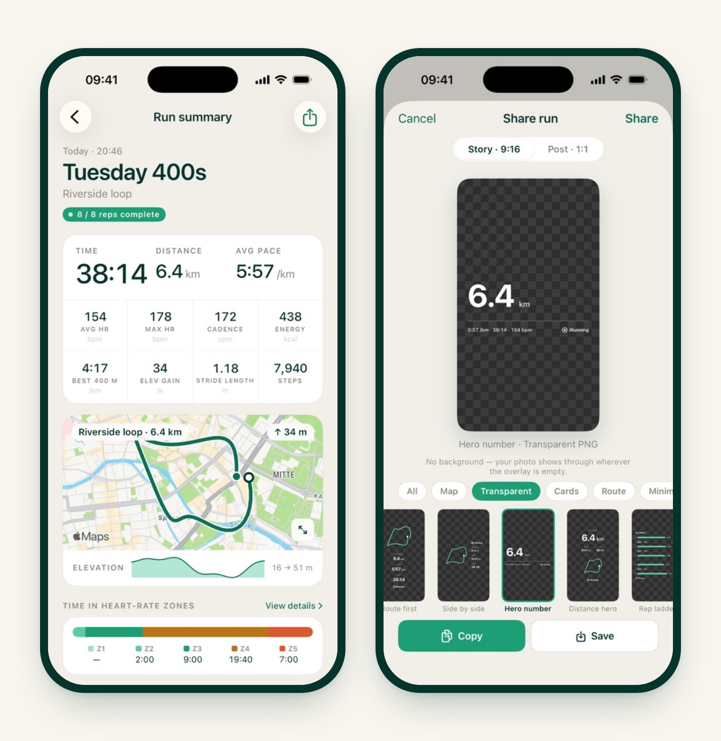 Two iRunning screens: a run summary with a share button in the top corner, and the Share run screen with the Transparent filter selected, the Hero number overlay previewed on a checkerboard, and Copy and Save buttons