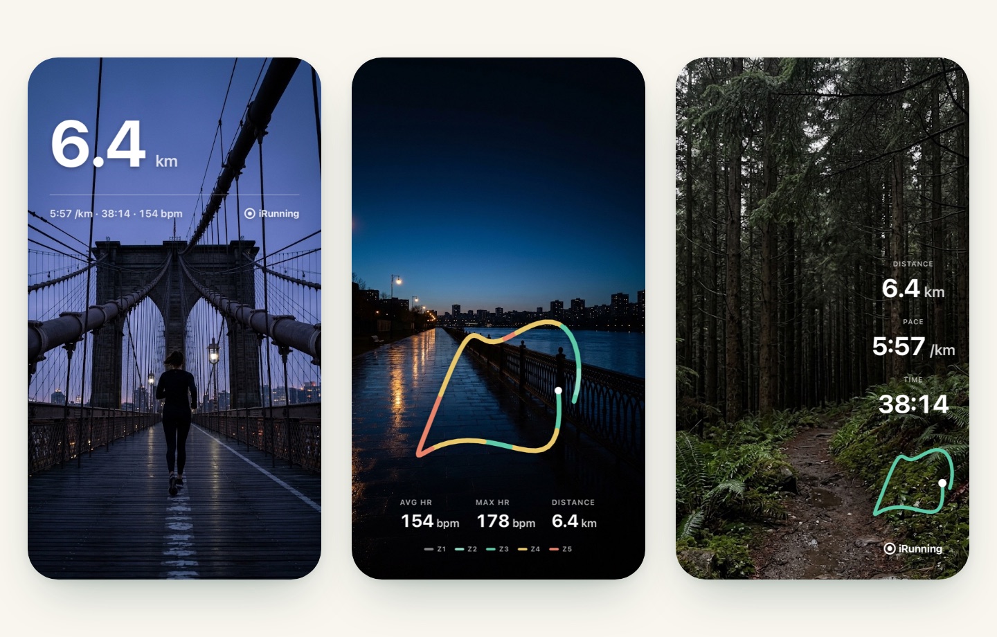 Three Instagram-style stories: a runner on a suspension bridge at dusk with a large 6.4 km overlay, a dark riverside promenade at blue hour with a heart-rate coloured route and average and max heart rate, and a dark forest trail with distance, pace, time and route stacked in the centre