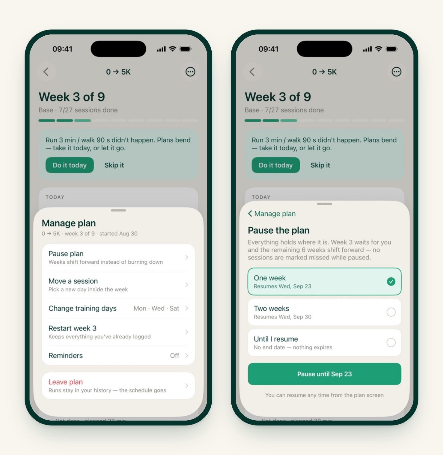 Two iRunning screens: the Manage plan sheet with Pause plan, Move a session, Change training days, Restart week 3, Reminders and Leave plan, and the Pause the plan screen with One week, Two weeks and Until I resume options