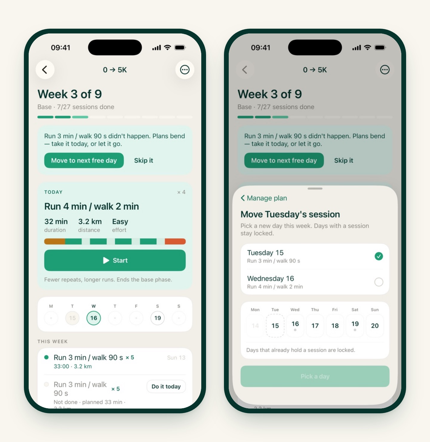 Two iRunning screens: the plan with a banner saying the session didn't happen, offering Move to next free day and Skip it, and the Move Tuesday's session screen with a week strip where days that already hold a session are locked