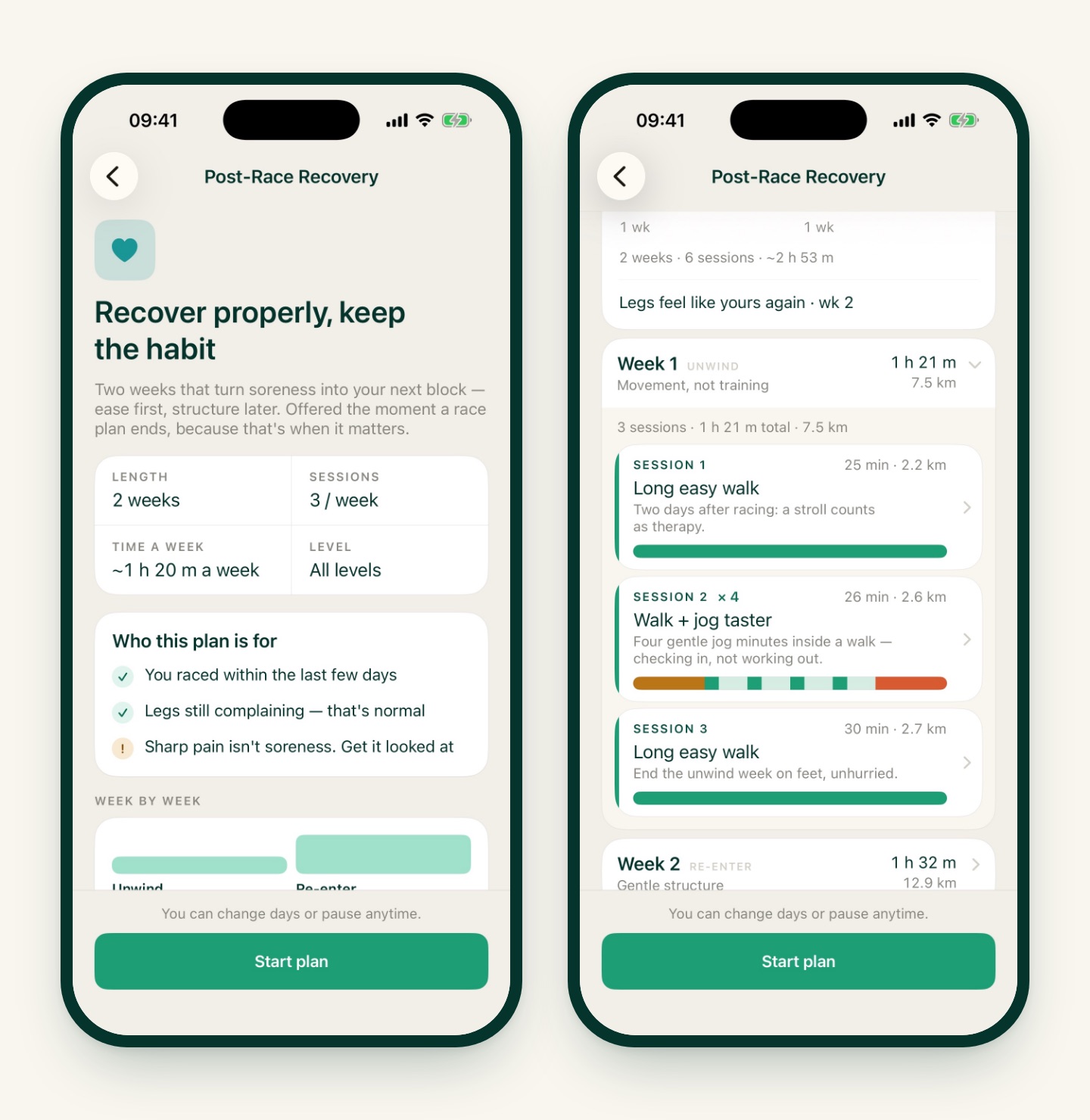 Two iRunning screens: the Post-Race Recovery plan overview (2 weeks, 3 sessions a week, about 1 h 20 min a week) and week 1 with two easy walks and a walk-jog taster