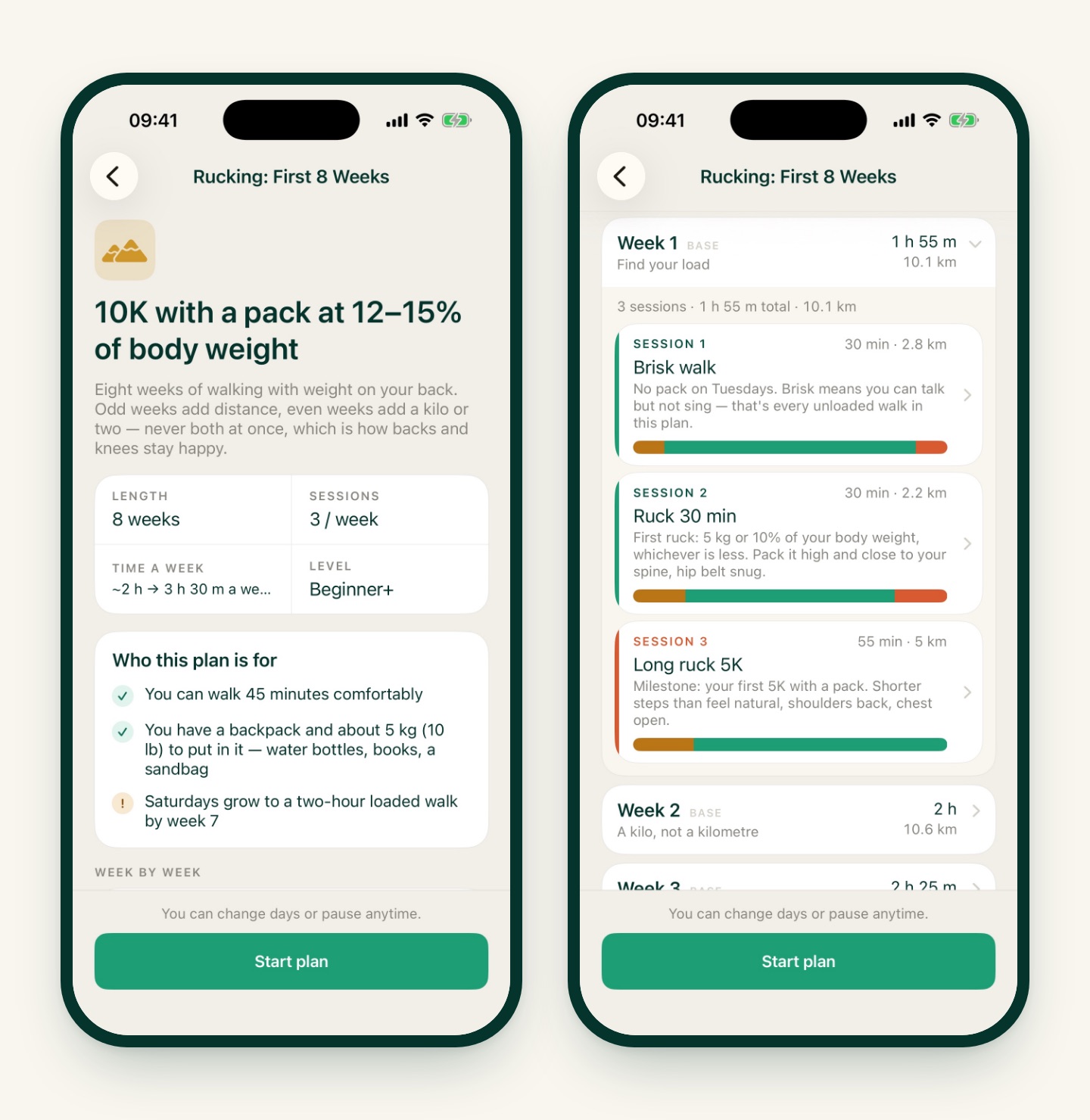 Two iRunning screens: the Rucking plan overview with 8 weeks, 3 sessions a week and who the plan is for, and week 1 with a brisk walk, a 30-minute ruck and a 5 km long ruck
