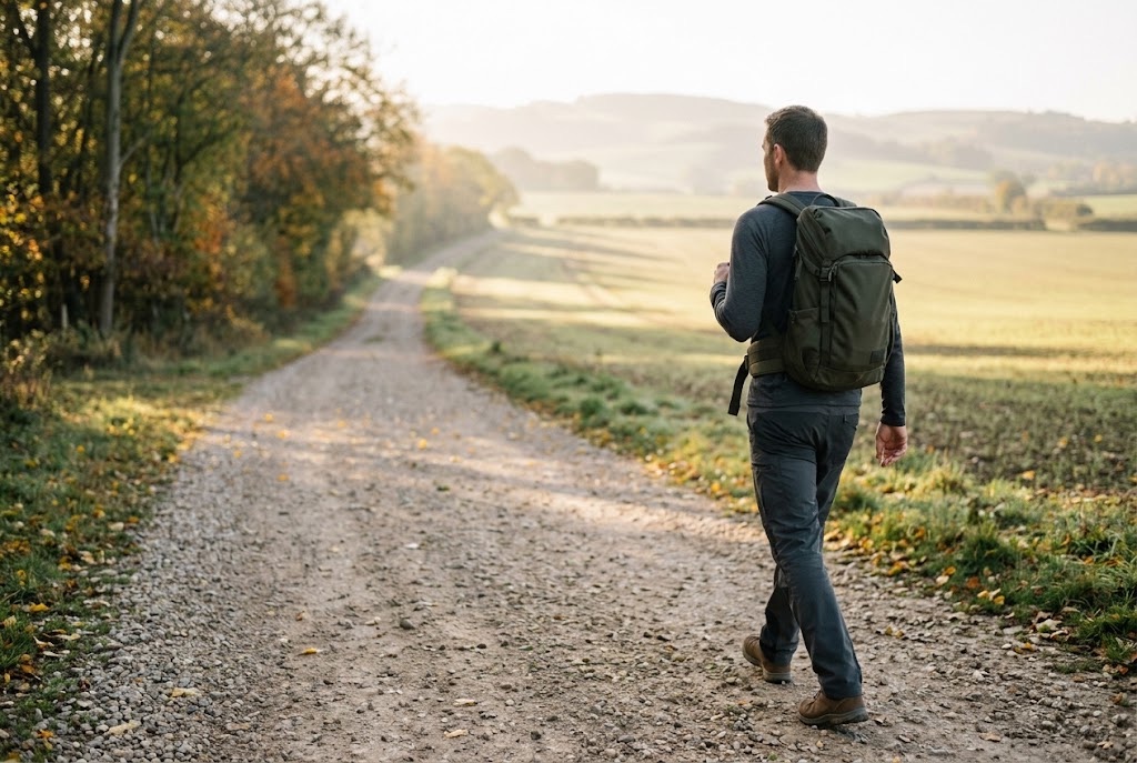 A man seen from behind walking along a gravel path through autumn farmland with a loaded backpack, morning haze ahead