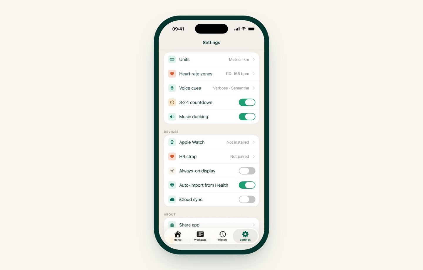 iRunning Settings with the Devices section: Apple Watch, HR strap, Always-on display, Auto-import from Health switched on, and iCloud sync