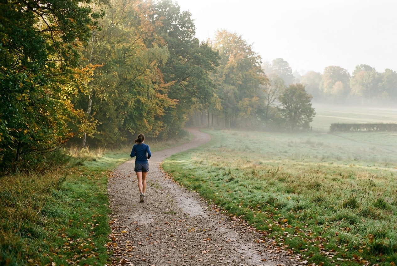 A runner jogging slowly along a quiet path in early autumn light