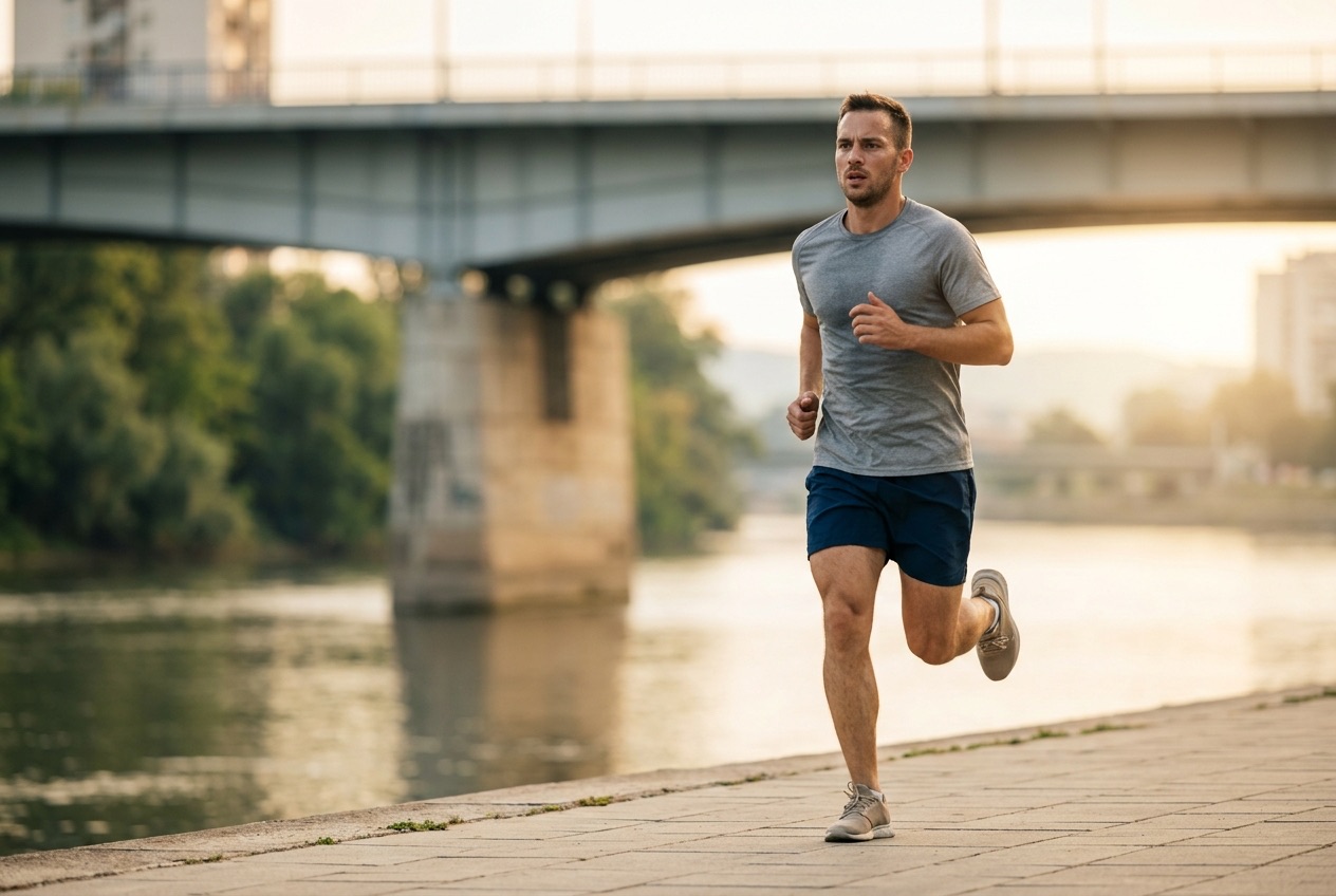A runner running hard along a riverside path at sunrise