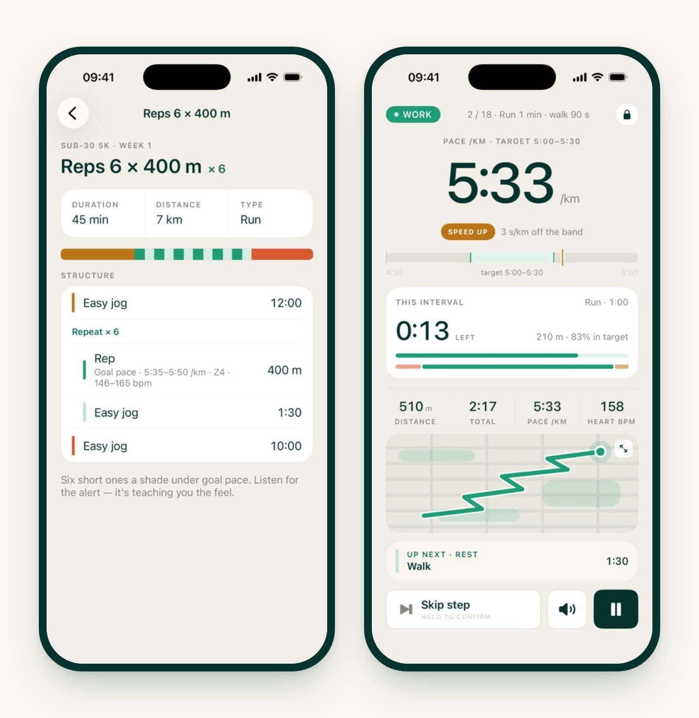 Two iRunning screens: the Reps 6 × 400 m session showing each rep's goal pace band of 5:35 to 5:50 per km, and a live run screen showing a pace of 5:33 with a Speed up alert against a 5:00 to 5:30 target