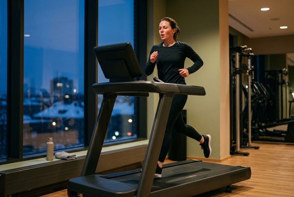 A woman running a hard interval on a treadmill in a quiet gym on a dark winter evening, city lights in the window behind her