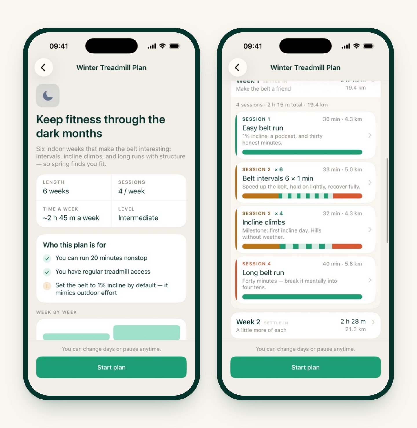 Two iRunning screens: the Winter Treadmill Plan overview with 6 weeks, 4 sessions a week and who it's for, and week 1 with an easy belt run, belt intervals 6 × 1 min, incline climbs and a 40-minute long belt run