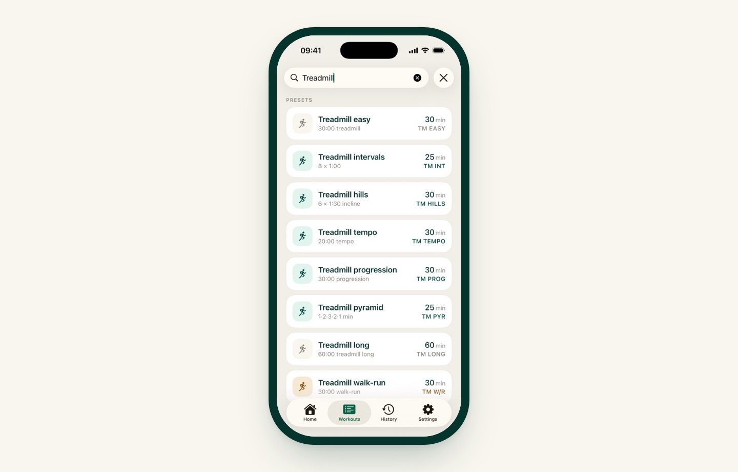 iRunning's Workouts search showing the eight treadmill presets: easy, intervals, hills, tempo, progression, pyramid, long and walk-run