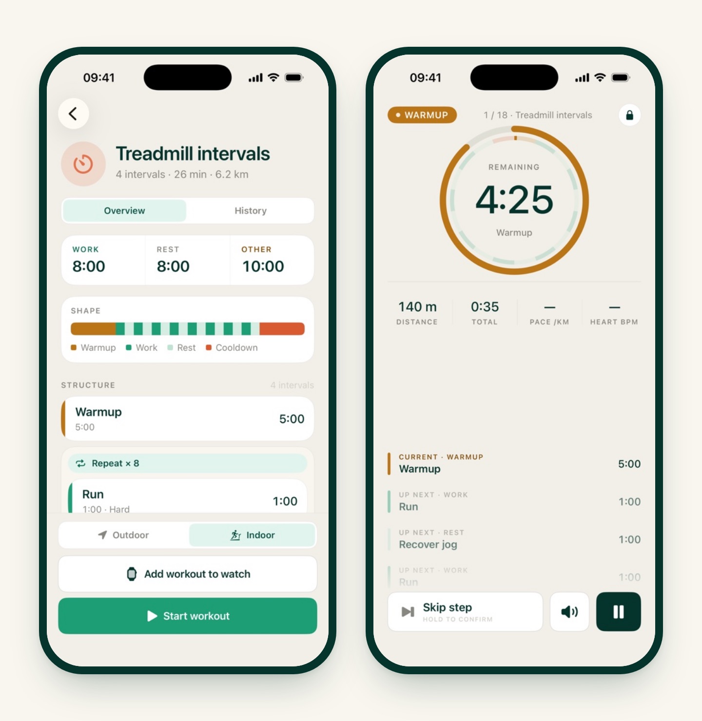 Two iRunning screens: the Treadmill intervals workout with the Indoor option selected above Start workout, and a live indoor run showing the warm-up countdown with an estimated distance and no pace