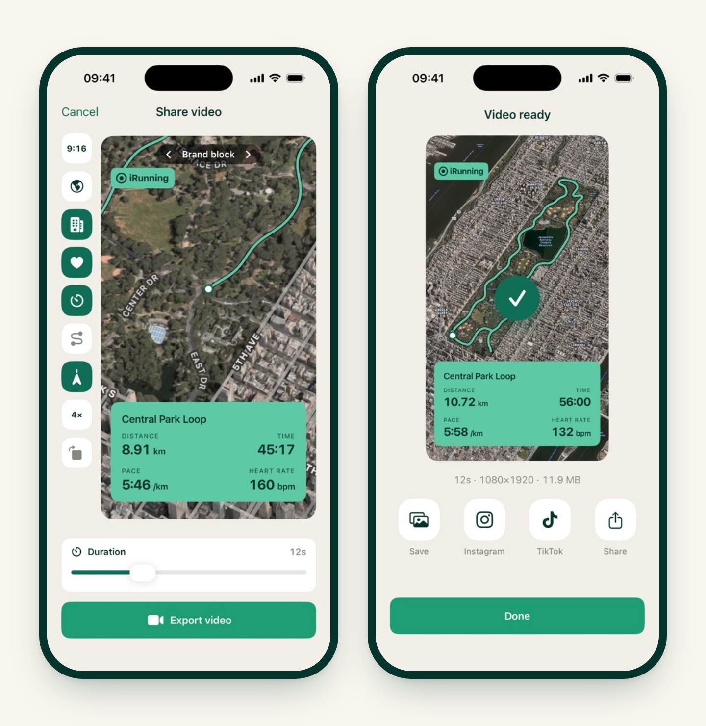 Two iRunning screens: the Share video editor with style, map and camera options down the left side and a Brand block preview on a 3D satellite map, and the Video ready screen with Save, Instagram, TikTok and Share buttons