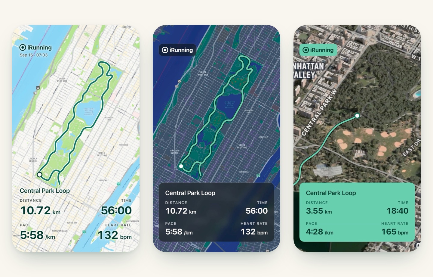 Frames from three videos of the same Central Park loop: Ink style on a light map, Frosted glass style on a dark map, and Brand block style on a 3D satellite map