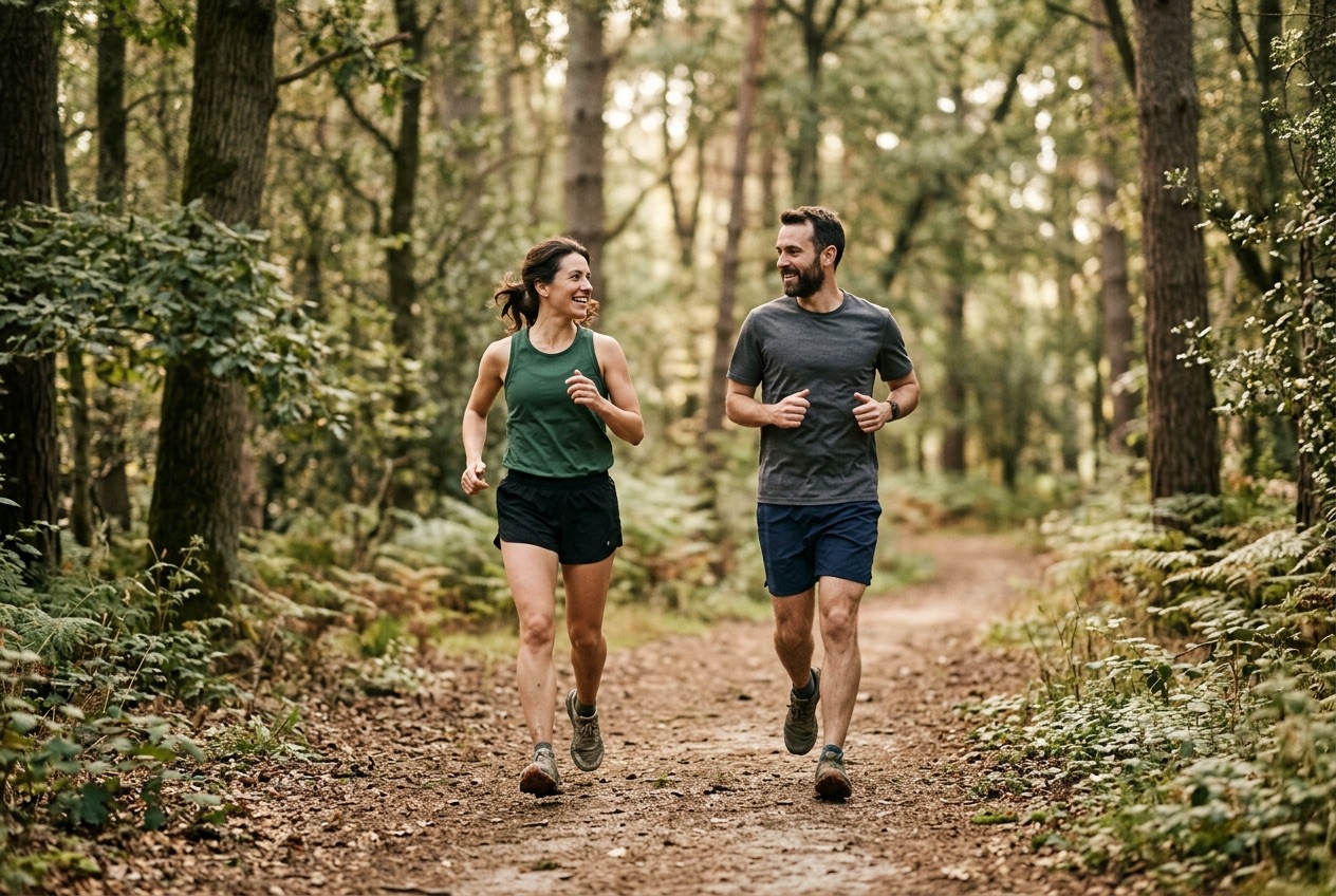 Two runners jogging side by side on a forest trail in early morning light, relaxed and talking