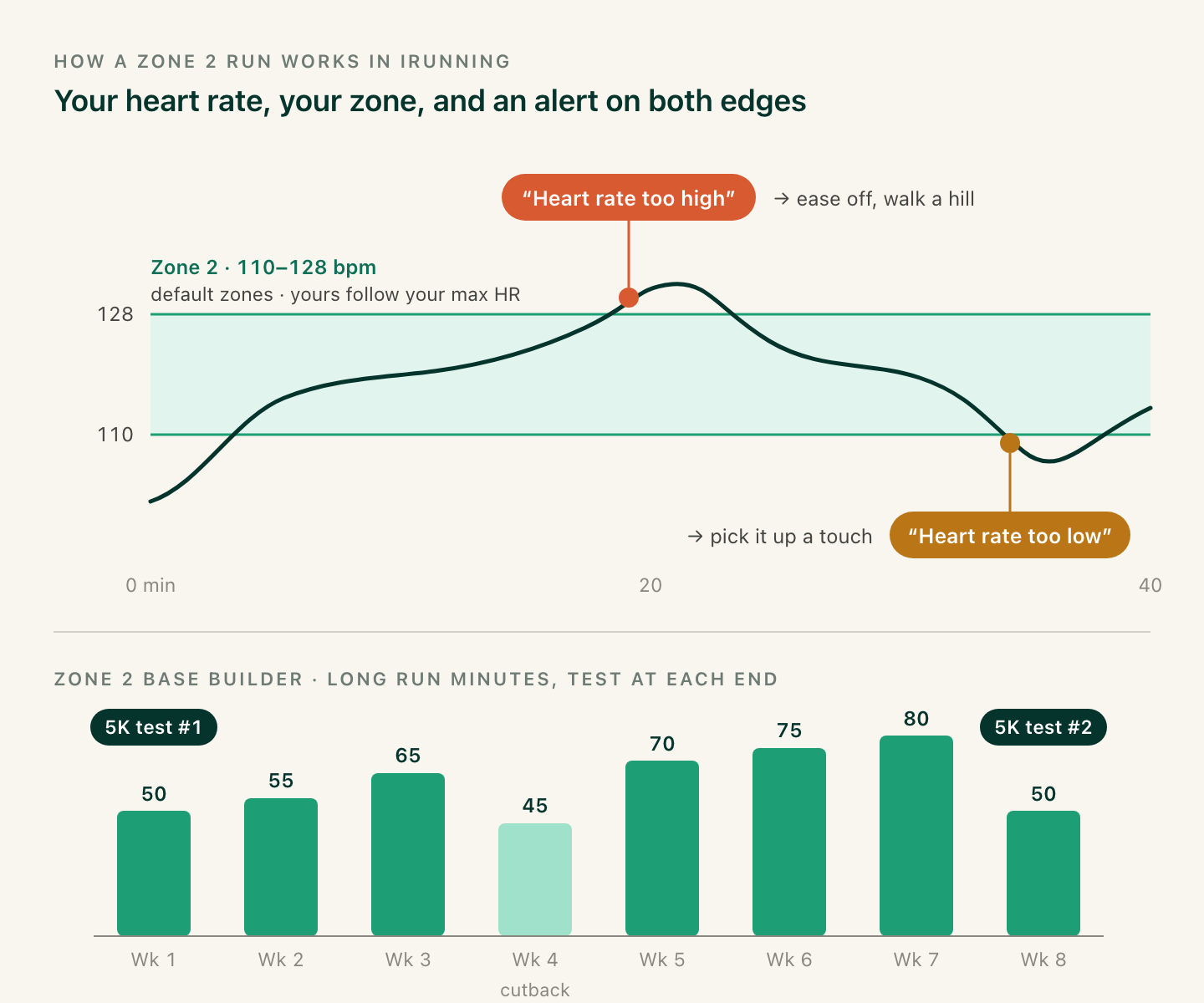 Chart of a heart-rate trace moving through a zone 2 band of 110 to 128 bpm, triggering a Heart rate too high alert above the band and a Heart rate too low alert below it. Below, long run minutes over 8 weeks: 50, 55, 65, 45, 70, 75, 80, 50, with a 5K test in week 1 and week 8