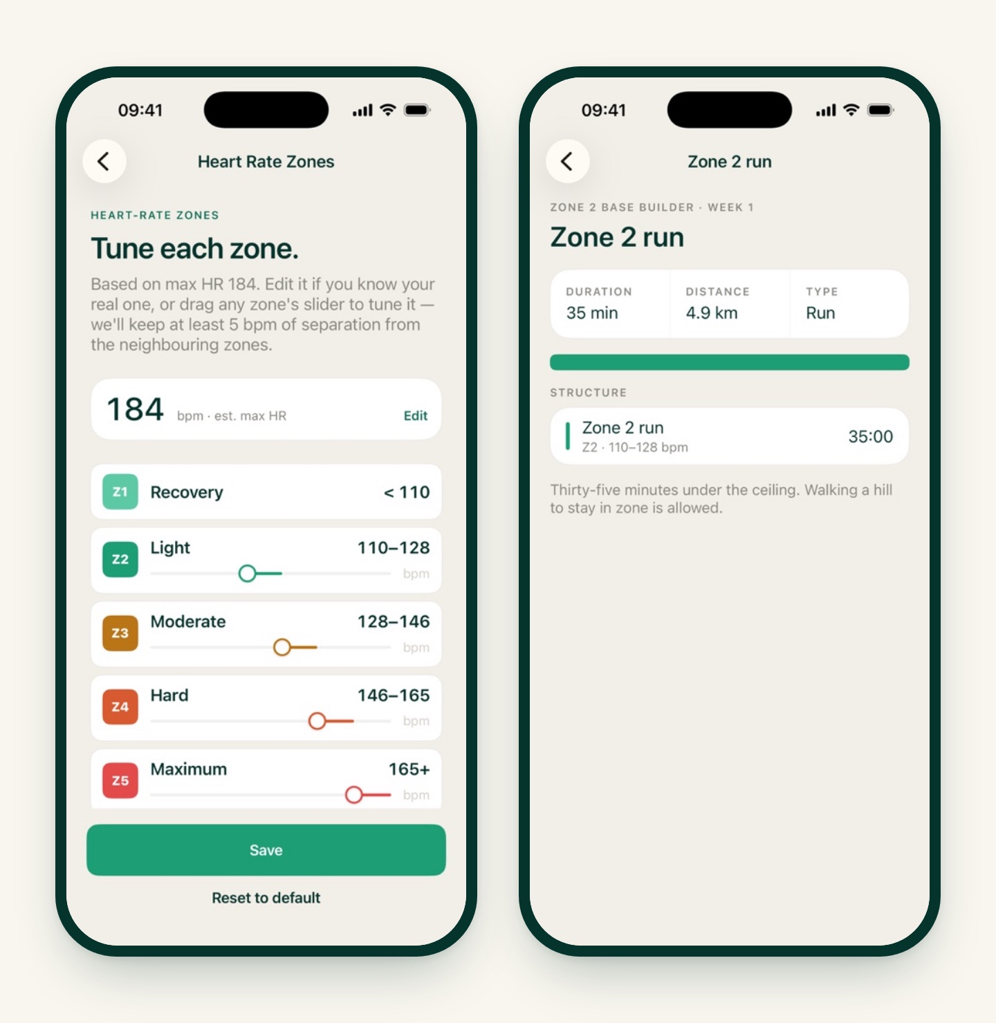Two iRunning screens: the Heart Rate Zones editor showing an estimated max heart rate of 184 with zone 2 at 110 to 128 bpm, and a Zone 2 run session showing a 35-minute run with a Z2 target of 110 to 128 bpm