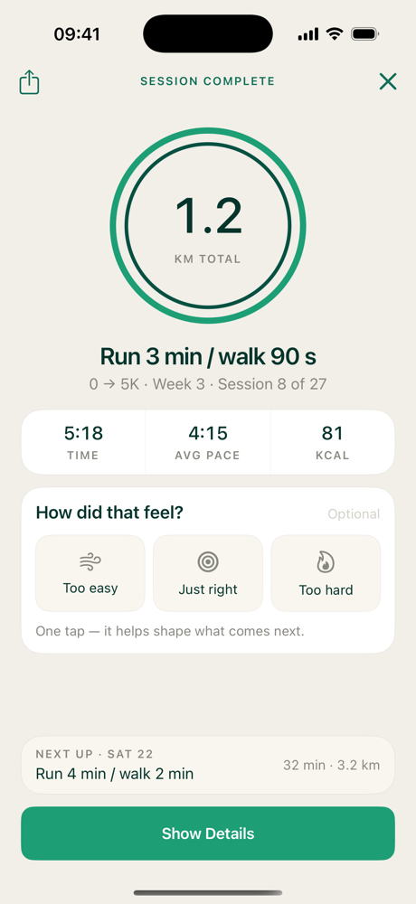 Session complete screen with distance ring, plan progress, and a how-did-that-feel check-in