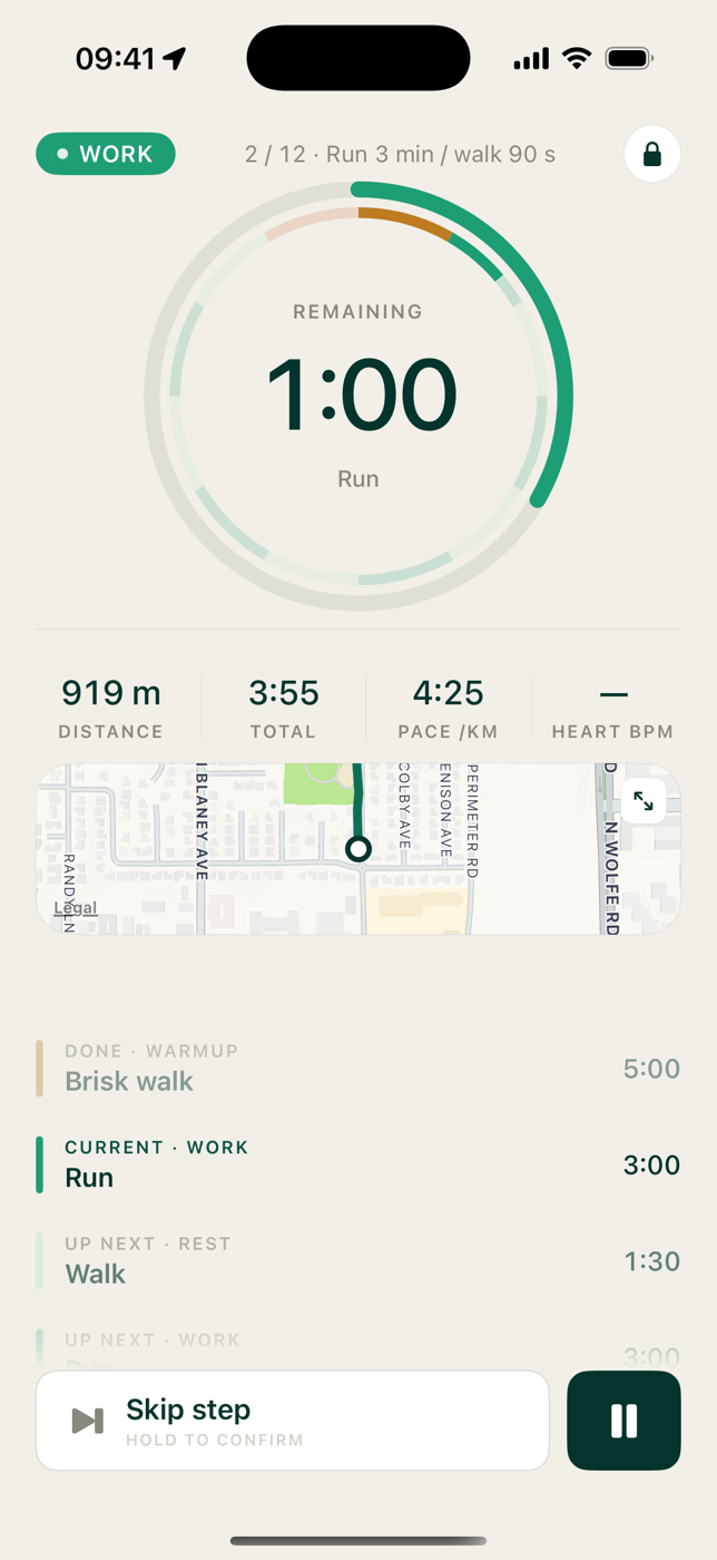 iRunning run screen during a work interval: time remaining ring, distance, pace, and live route map