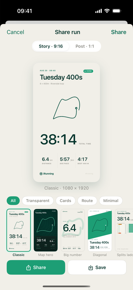 Share screen with a workout card preview and template gallery: classic, map hero, big number, and more