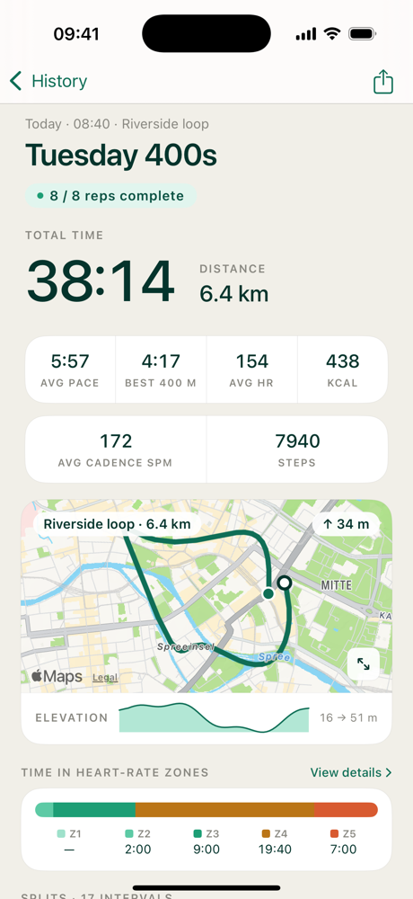 Run summary screen: total time, distance, pace, heart rate, route map, elevation, and time in heart-rate zones